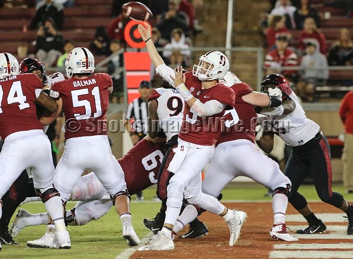 20180831SanDiegoatStanford-22.JPG - Stanford Cardinal quarterback K.J. Costello (3) passes from his own end zone in the fourth quarter during an NCAA football game against the San Diego State Aztecs in Stanford, Calif. on Friday, August 31, 2017. Stanford defeated San Diego State 31-10.